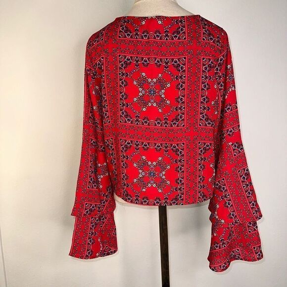 Altar’d State Red Boho Bandana Bell Sleeve Blouse Womens Small Preppy Chic - Picture 2 of 11